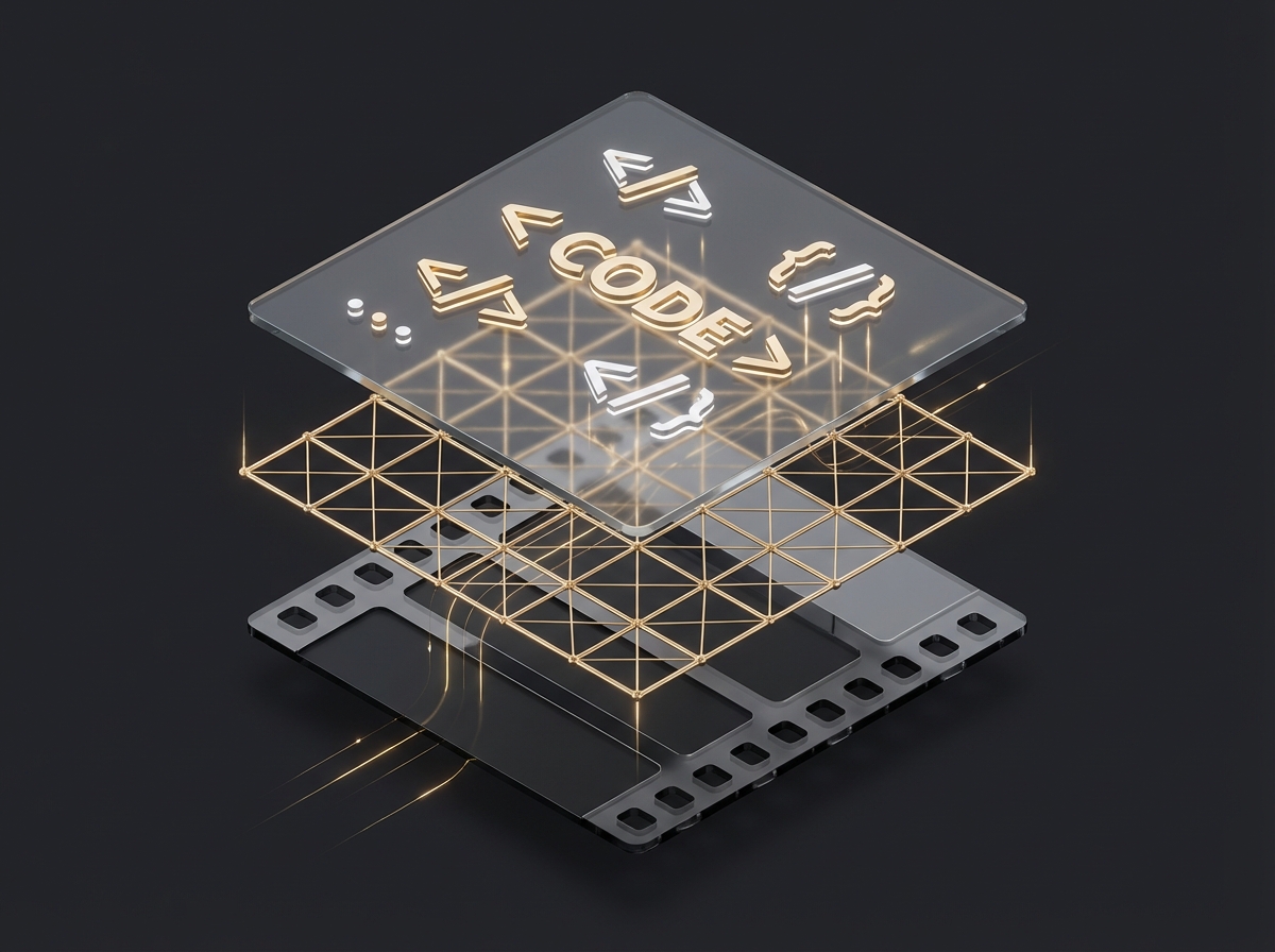 An abstract representation of the 'stack'—transforming raw film content into structured digital data/code.