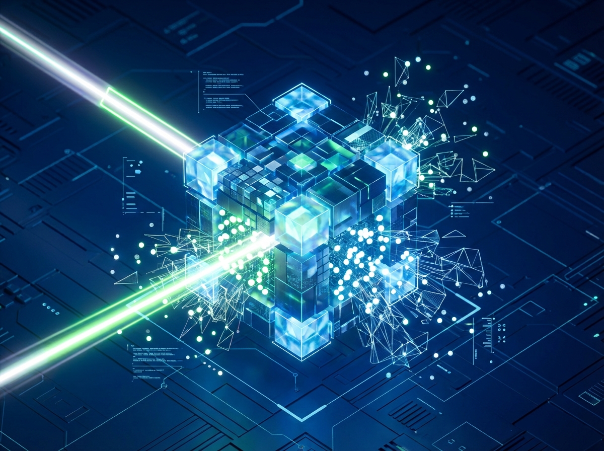 Abstract representation of searching within compressed data structures, relevant to the OpenZIM case study.