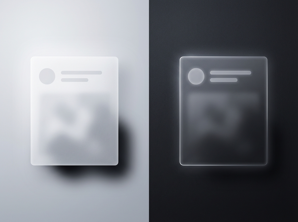 A side-by-side comparison showing how liquid glass effects adapt to light and dark color schemes.