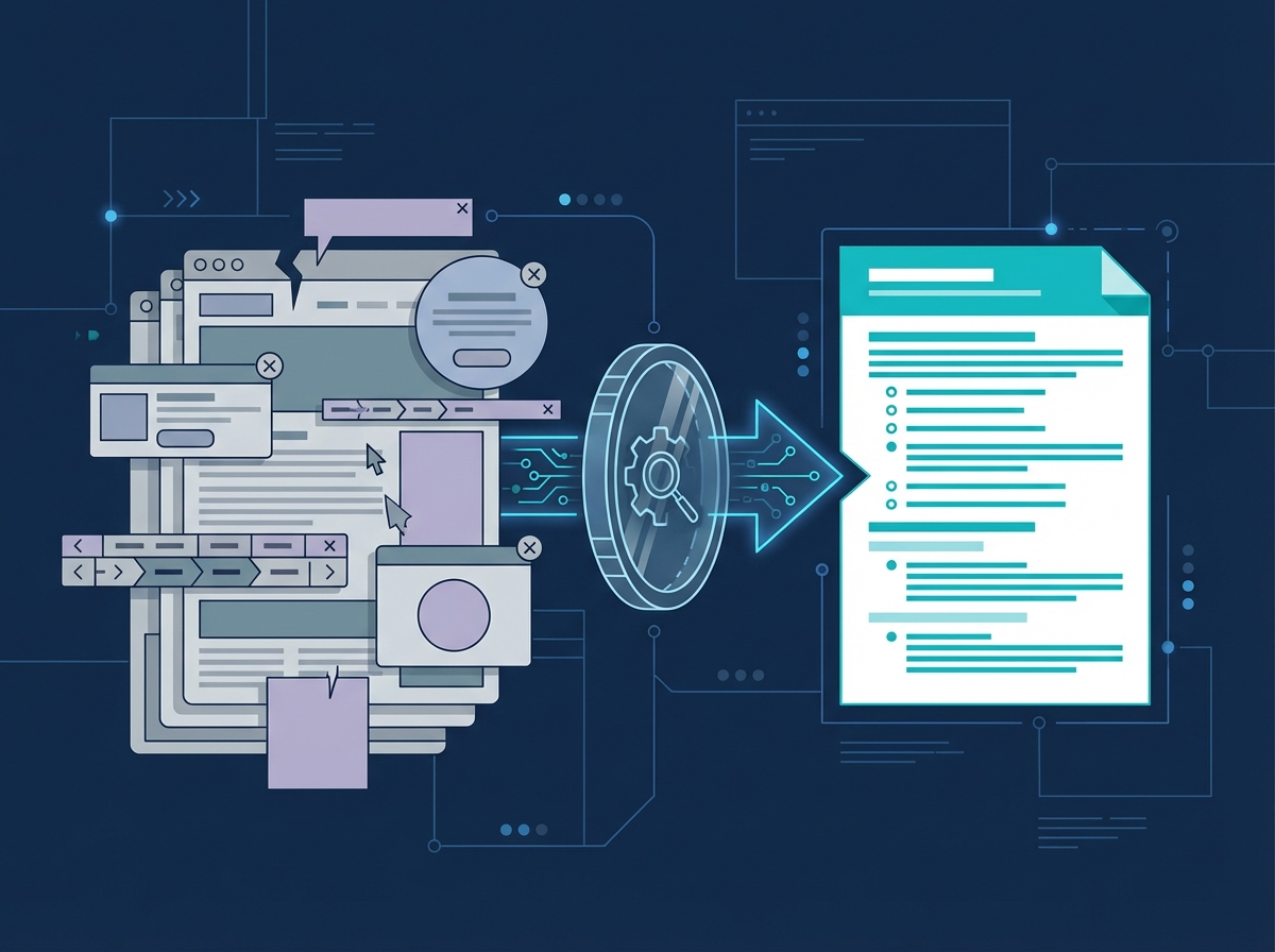 Visualizes the technical purpose of /llms.txt: converting complex HTML chaos into clean, structured Markdown context.