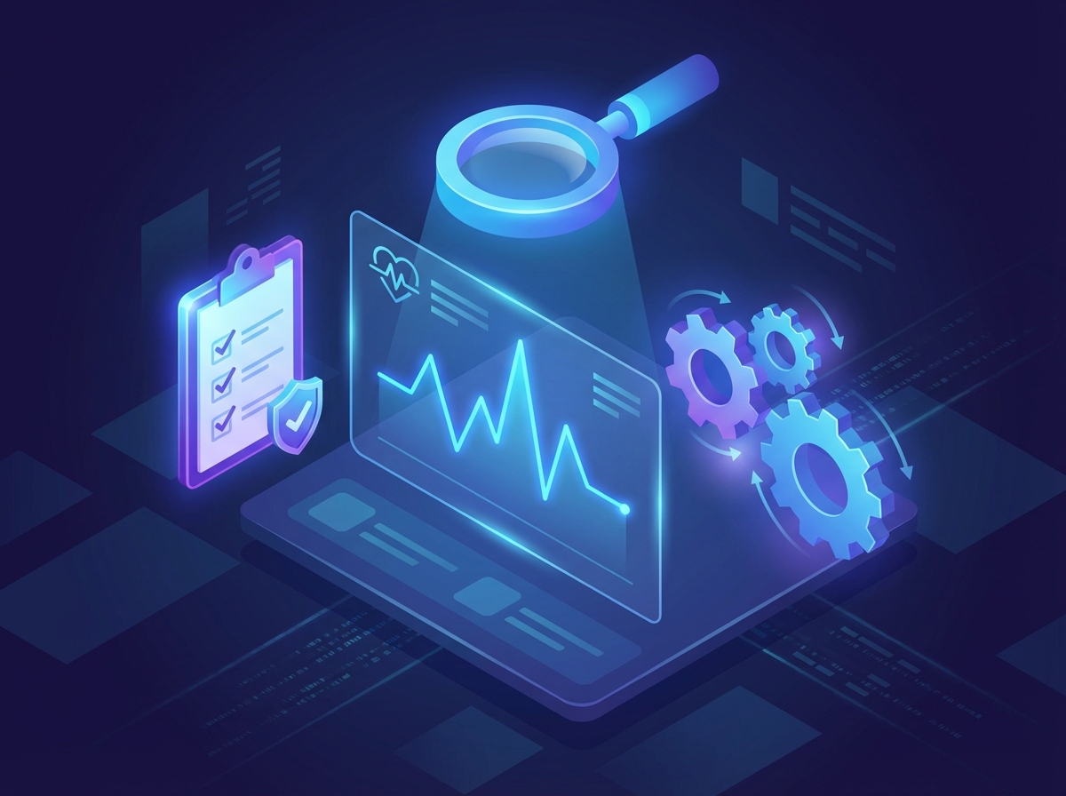 Visualizes the concept of evaluating project viability through metrics and infrastructure assessment.