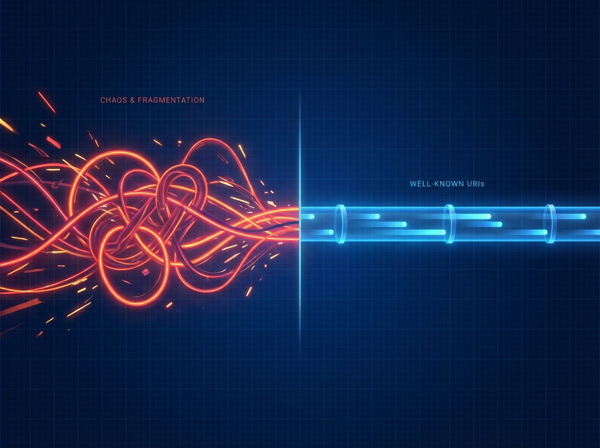 A visual comparison between the chaotic, non-standardized approach and the streamlined, single-path solution offered by Well-known URIs.
