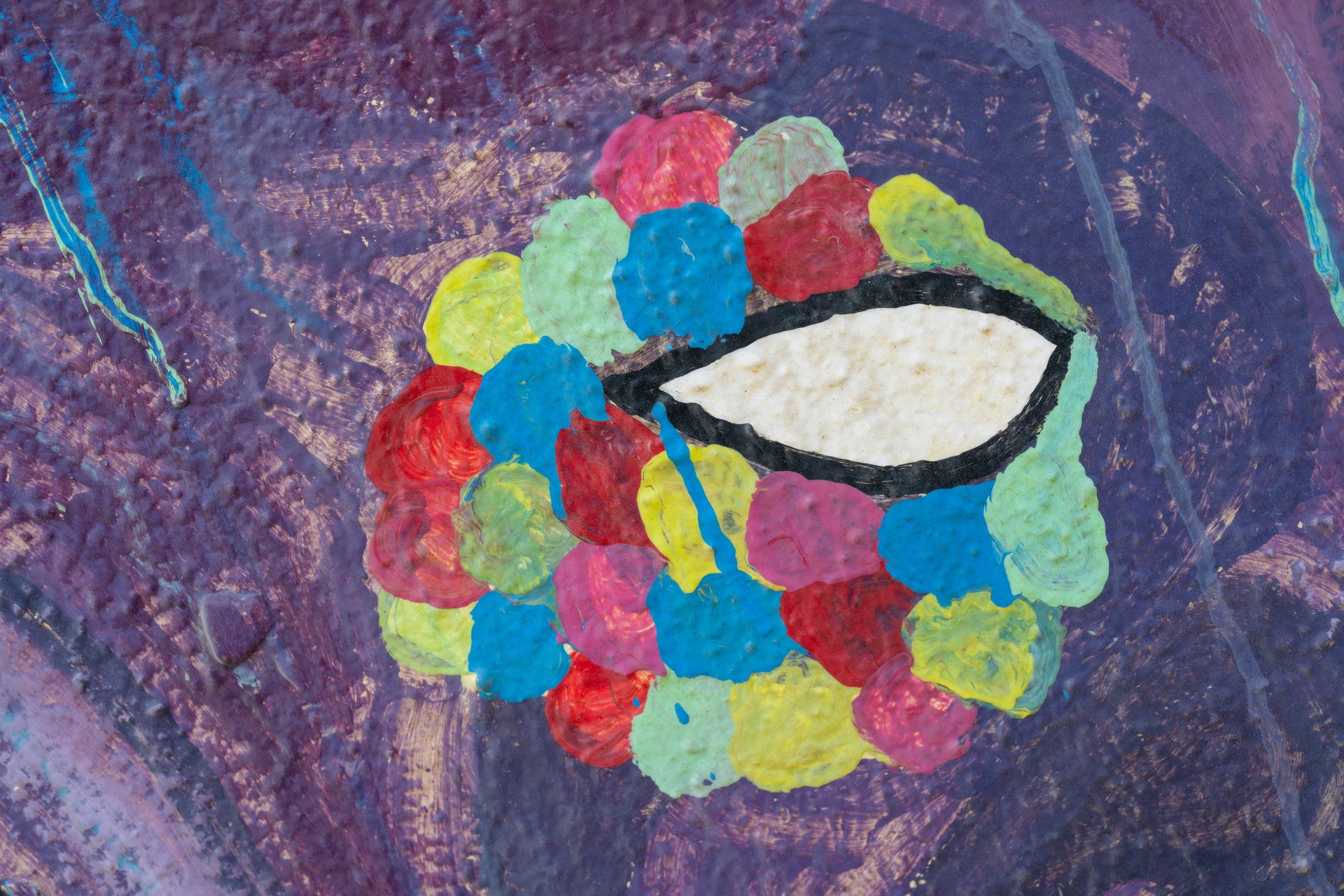 This image features a vibrant, abstract painting of an eye, composed of numerous colorful, textured blobs on a purple, brush-stroked background. The eye itself is a bright white with a black outline, and a teardrop-like shape extends from its corner, adding a touch of melancholic artistry to the overall cheerful palette.